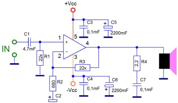 Sound amplifier on TDA2030A chip