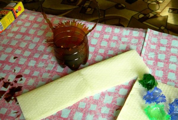 Basket with a bouquet of plastic bottles