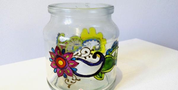 Stained glass painting of a jar