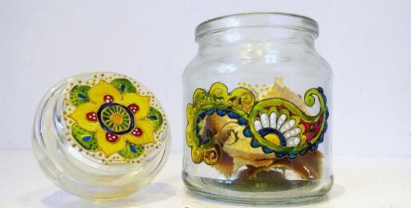 Stained glass painting of a jar