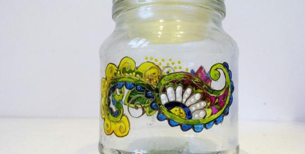 Stained glass painting of a jar