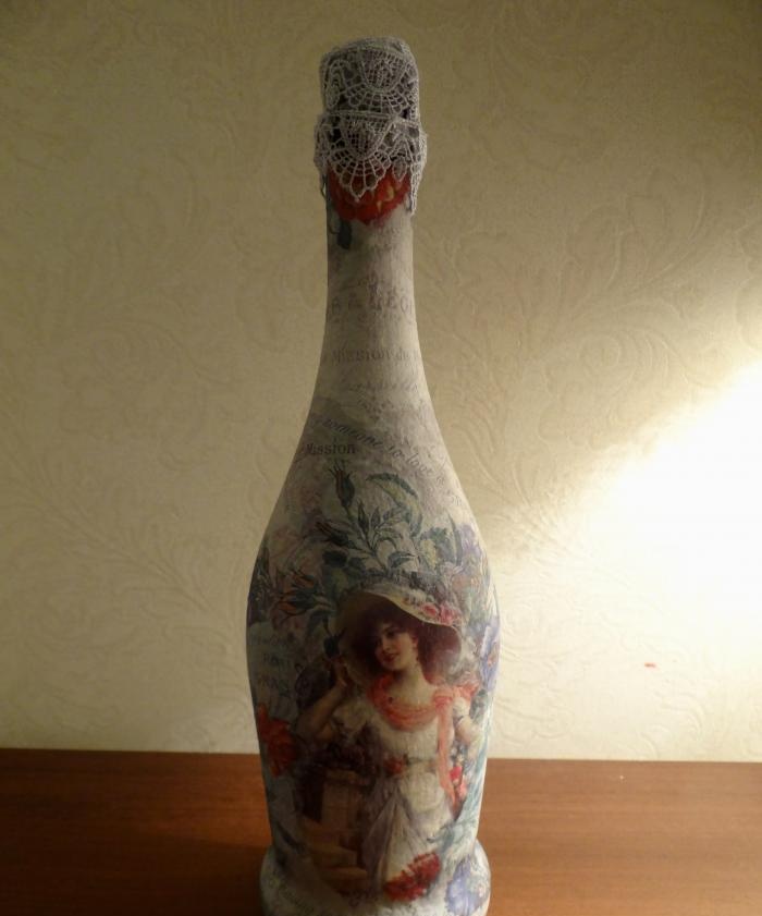 decoupage champagne bottle