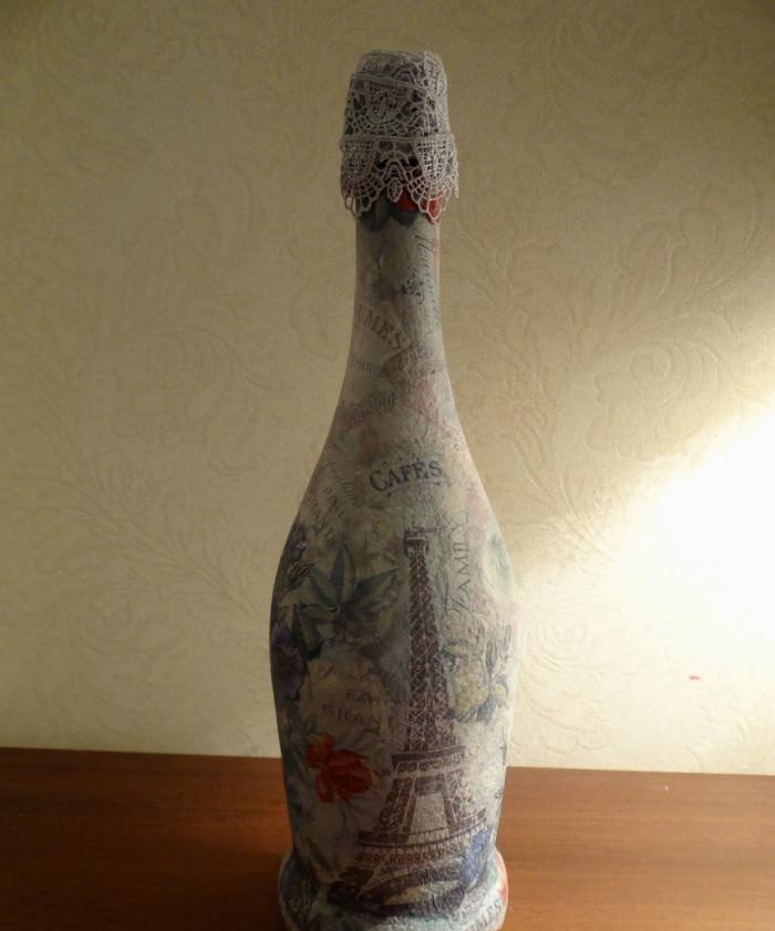 decoupage champagne bottle