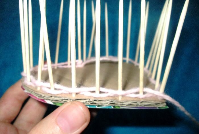 Basket Heart made of threads and toothpicks