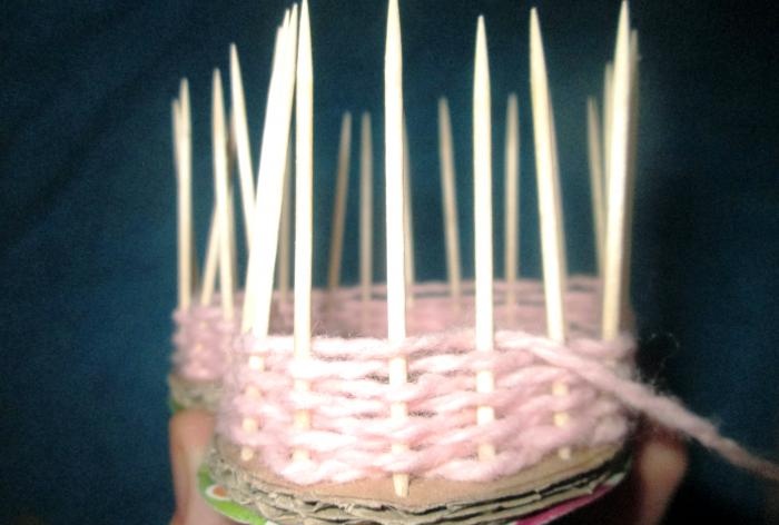 Basket Heart made of threads and toothpicks