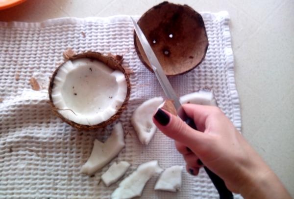 cut the coconut flesh with a knife