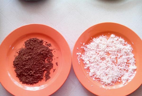 cocoa powder in coconut flakes