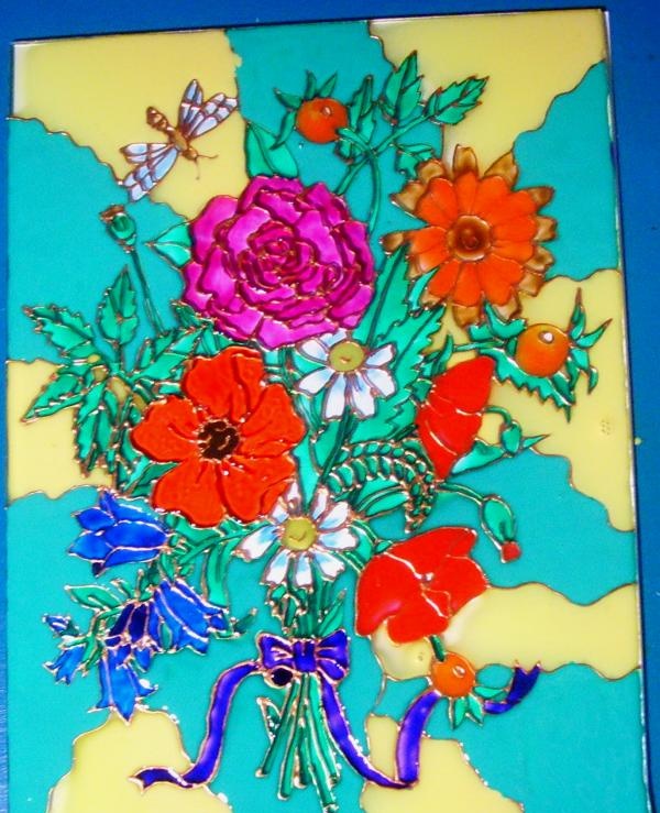 stained glass picture with a bouquet of flowers