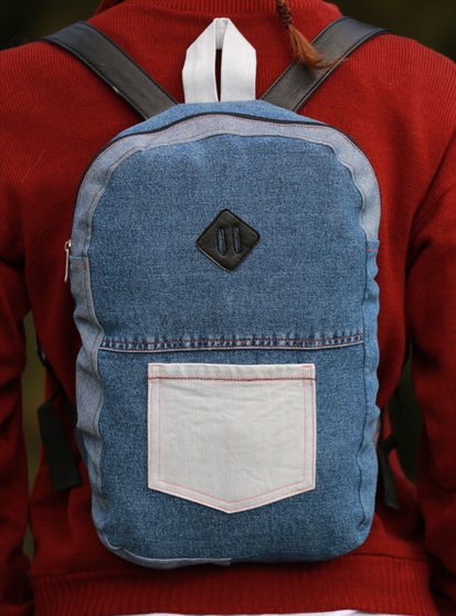 Bright backpack made from old jeans