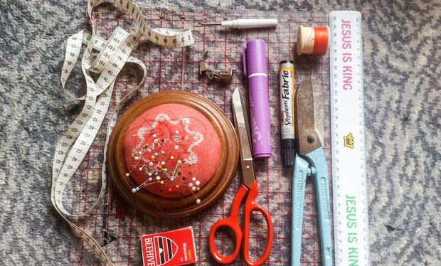 Bright backpack made from old jeans