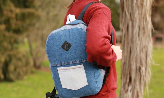 Bright backpack made from old jeans