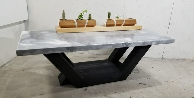 Making a marble table from concrete with a burnt wood base