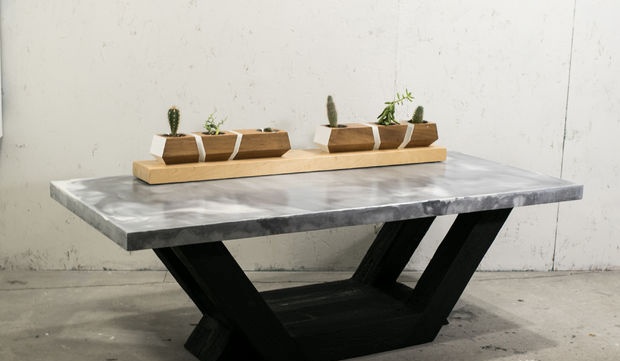 Making a marble table from concrete with a burnt wood base