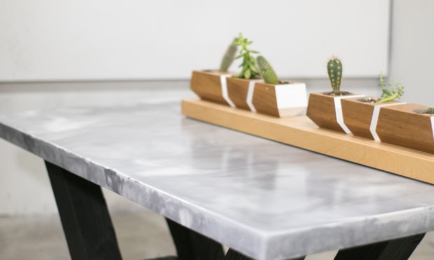 Making a marble table from concrete with a burnt wood base