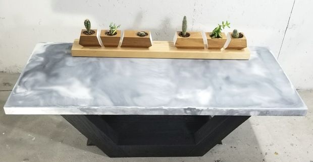 Making a marble table from concrete with a burnt wood base