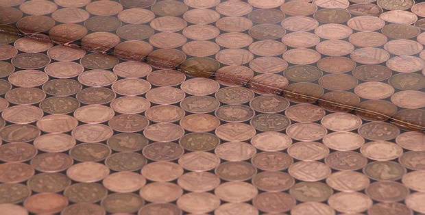 Coin floor under epoxy resin