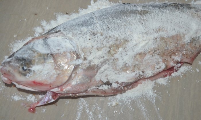 Whole seabass fried in a frying pan