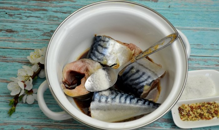 Mackerel pieces on the grill