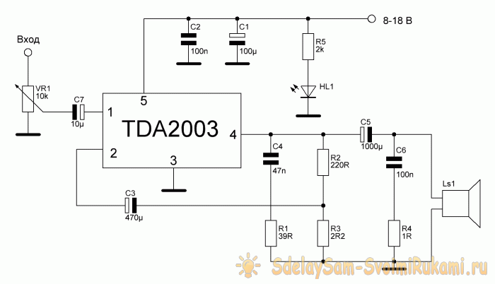 Amplifier based on the popular TDA2003 chip