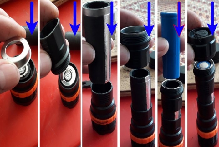 Modification of a flashlight from AAA batteries to 18650 battery