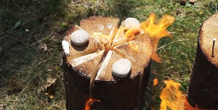 Three options for making a Finnish candle from a log