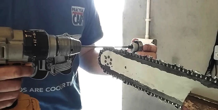 Sharpening a chainsaw chain using a drill