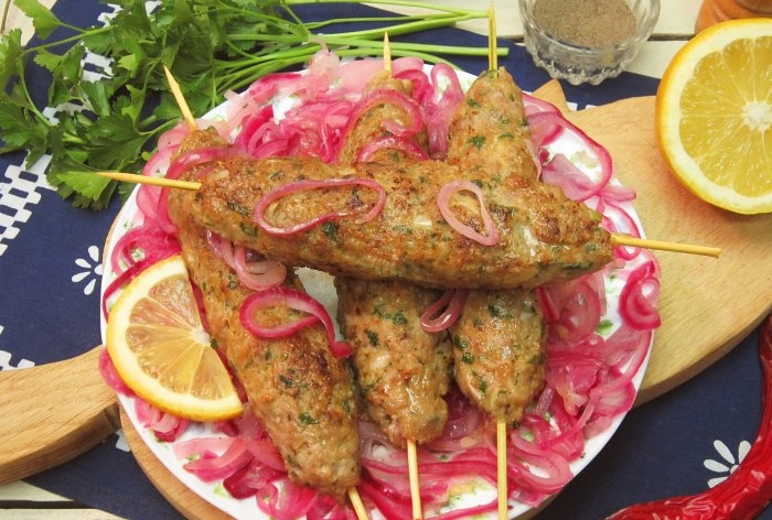 Pork kebab in a frying pan