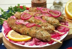 Pork kebab in a frying pan