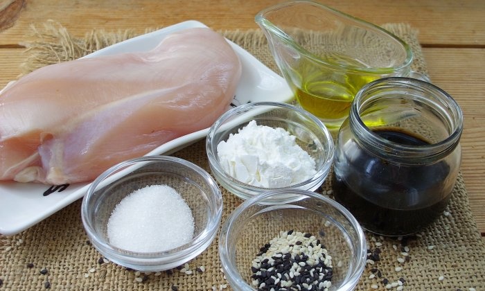 Chicken fillet in soy sauce in a frying pan