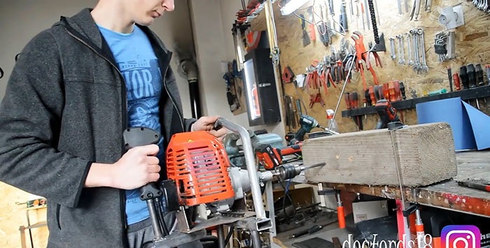 Do-it-yourself motor drill from a trimmer