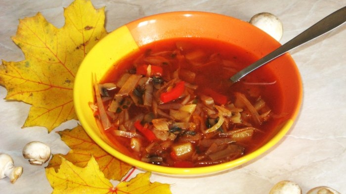 Quick, light and tasty borscht with mushrooms without frying