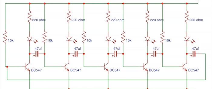 A simple transistorized LED flasher with a running fire effect