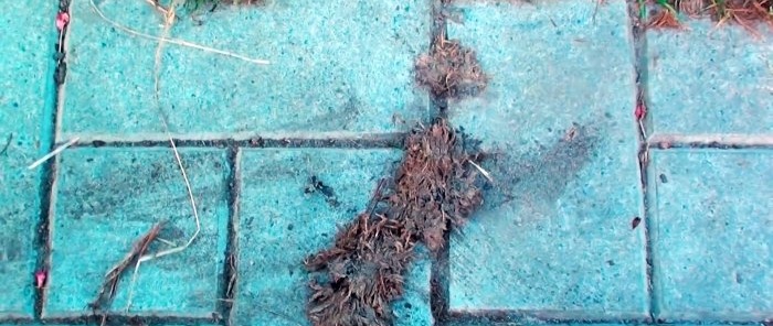 A cheap product will get rid of grass between the tiles