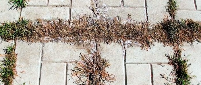 A cheap product will get rid of grass between the tiles