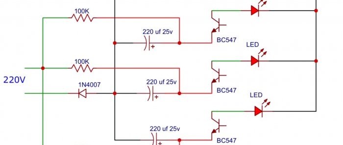 Как да сглобите мигач с три светодиода, захранван от 220 V