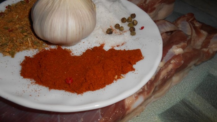 Lard boiled in a plastic bag with spices