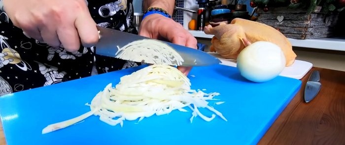 chop the cabbage into small pieces and chop the onion