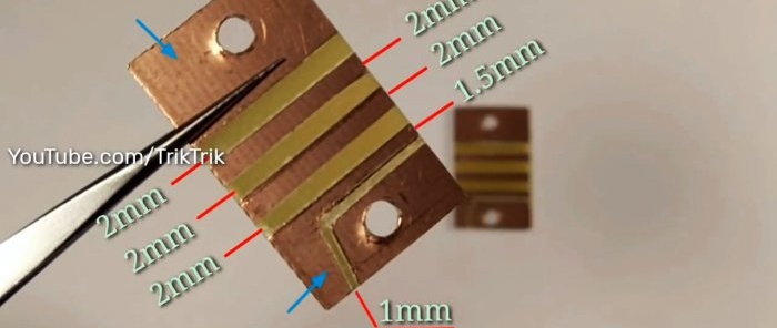 On the boards you need to remove the copper coating according to the proposed scheme