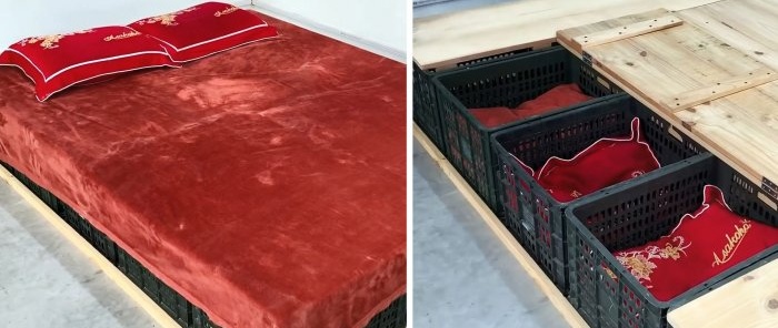 Bed made of plastic vegetable crates with numerous storage spaces