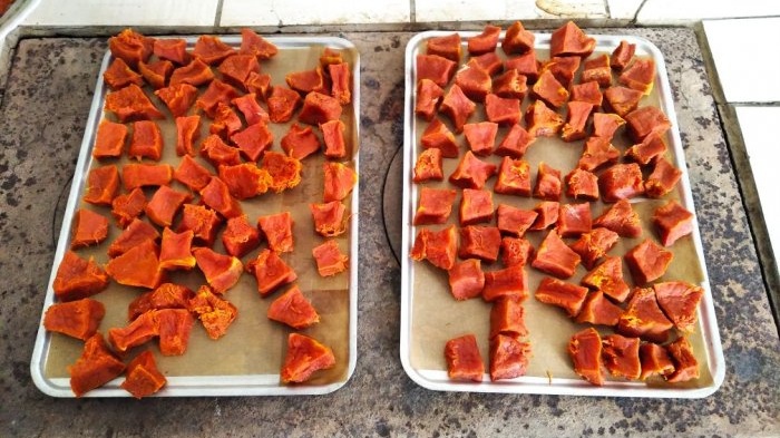 Two delicious desserts made from the same pumpkin, marmalade and candied fruits