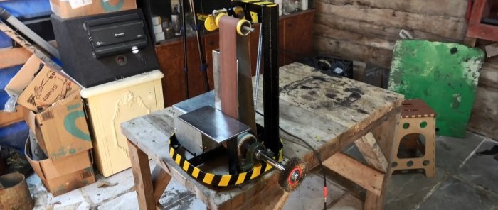 Two in one: how to make a belt grinder and polishing machine from a washing machine motor and an old shock absorber