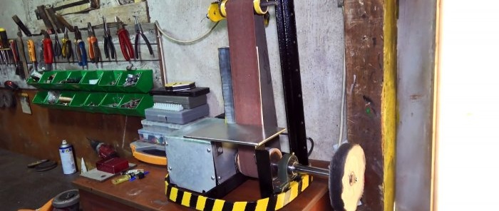 Two in one: how to make a belt grinder and polishing machine from a washing machine motor and an old shock absorber