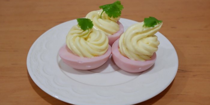 Pink deviled eggs